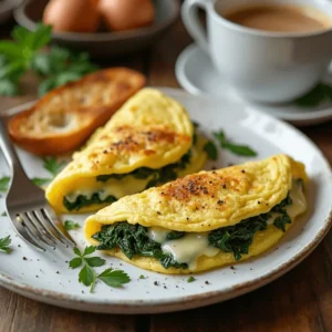 A golden-brown spinach and cheese omelet on a white plate, garnished with fresh parsley, with melted cheese oozing from the folded edges.