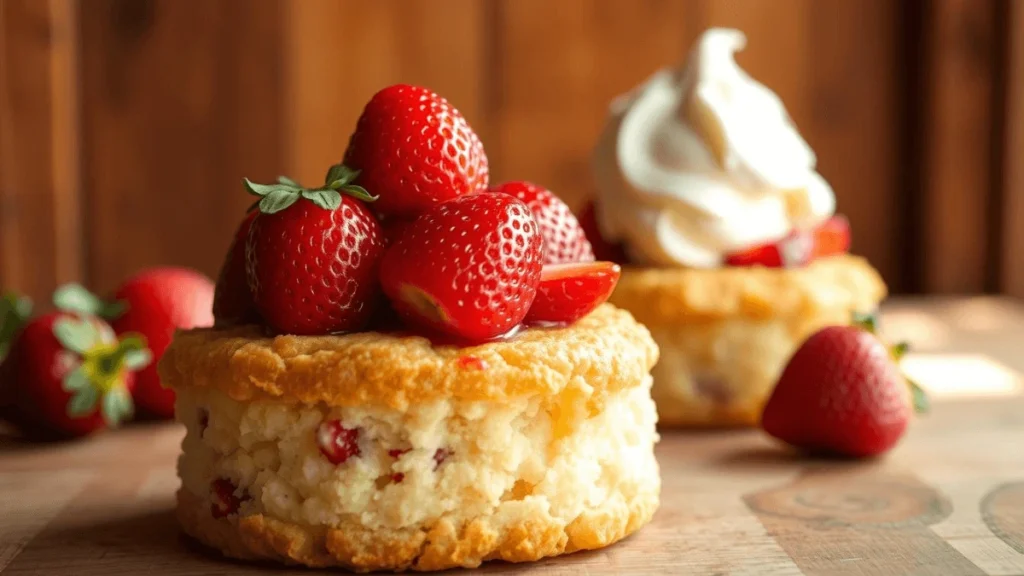 Freshly sliced strawberries and biscuit layers on a plate for strawberry shortcake