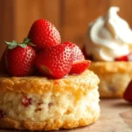 Freshly sliced strawberries and biscuit layers on a plate for strawberry shortcake