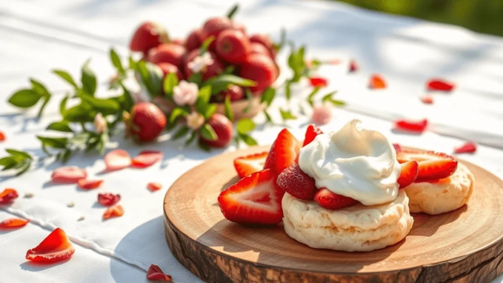 Sliced strawberry shortcake on a rustic plate with a bite taken