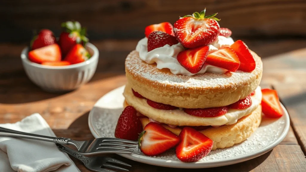 A full strawberry shortcake dessert topped with whipped cream on a serving tray