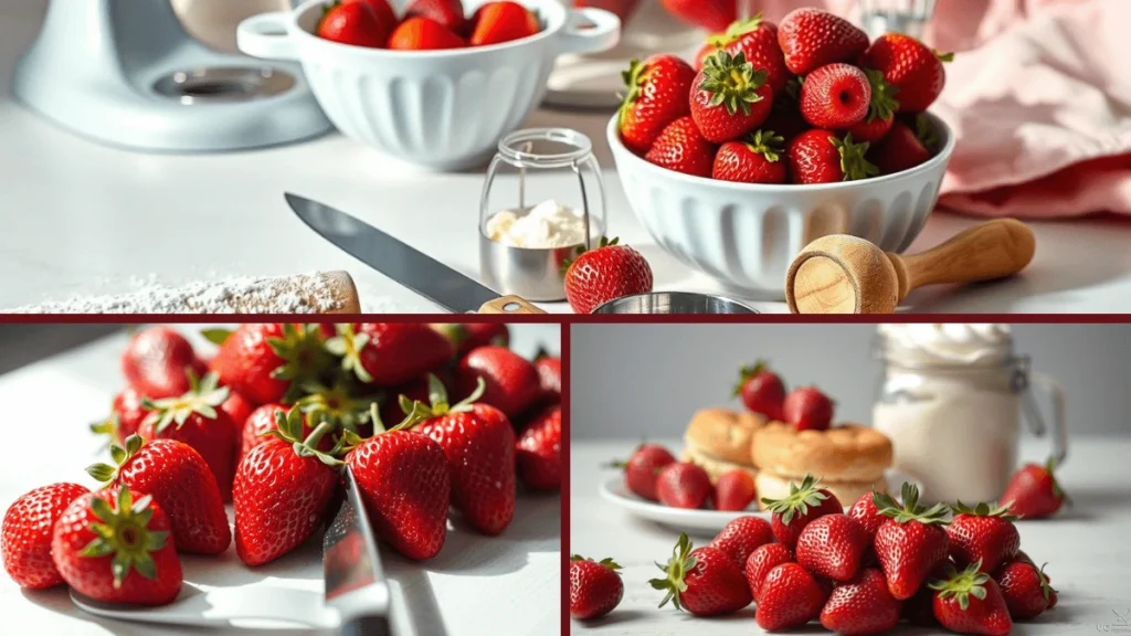 Ingredients for making strawberry shortcake including flour, strawberries, and cream