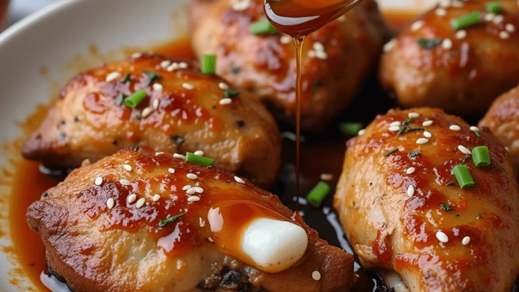 Close-up of baked honey garlic chicken pieces glazed with a golden sauce and garnished with parsley and sesame seeds.