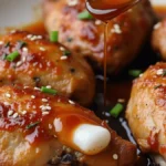 Close-up of baked honey garlic chicken pieces glazed with a golden sauce and garnished with parsley and sesame seeds.