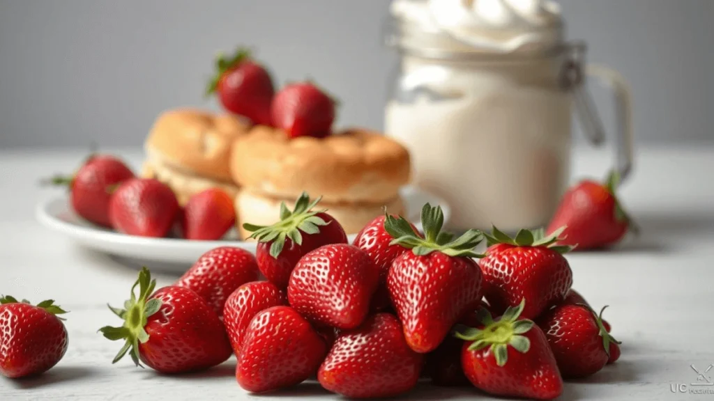 A full strawberry shortcake dessert topped with whipped cream on a serving tray

