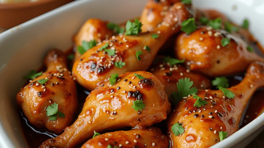 Raw chicken pieces being marinated in a honey garlic sauce inside a glass bowl with visible minced garlic and soy-based glaze.