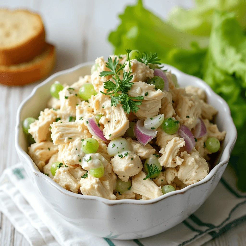 Fresh and creamy chicken salad with shredded chicken, crisp vegetables, and a light dressing, served in a bowl with a side of lettuce and toast.