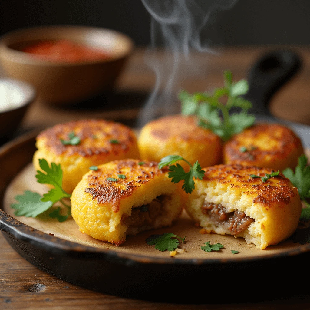 Golden-brown cornmeal cakes stuffed with melted cheese and seasoned meat, served on a rustic wooden plate with a side of fresh salsa