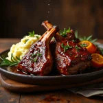 Tender, juicy oven-baked beef short ribs glazed with a rich, savory sauce, garnished with fresh herbs, and served on a rustic wooden plate.