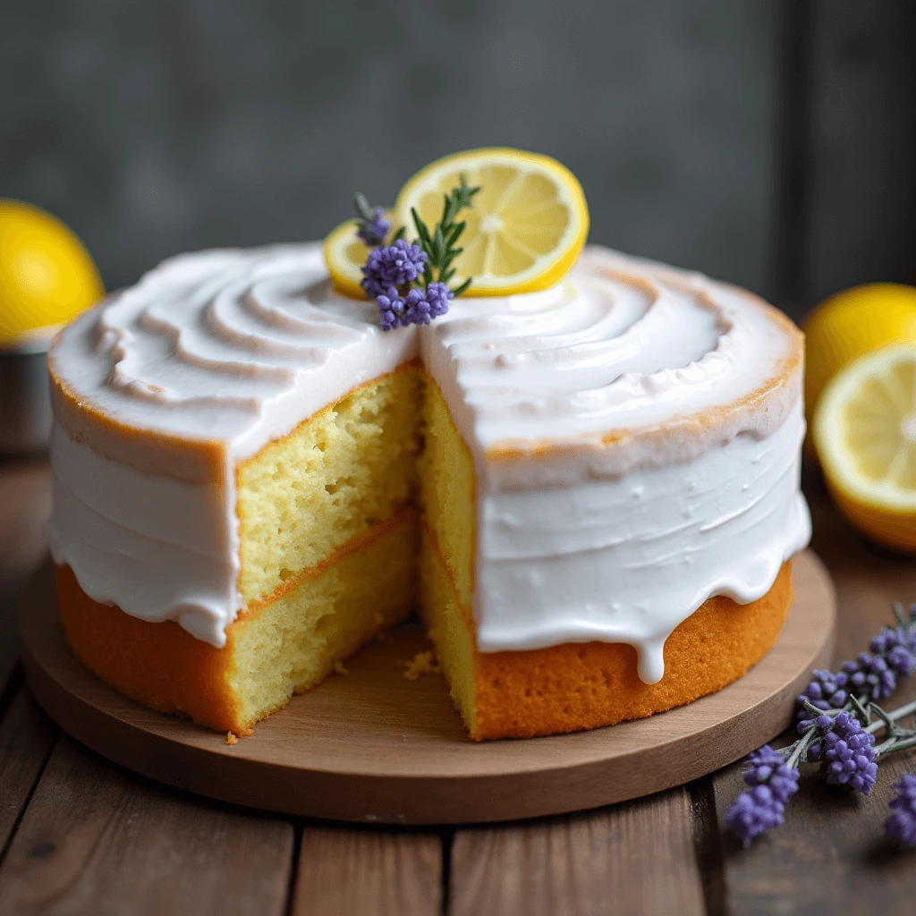 Lemon lavender cake topped with glaze and garnished with edible lavender flowers.