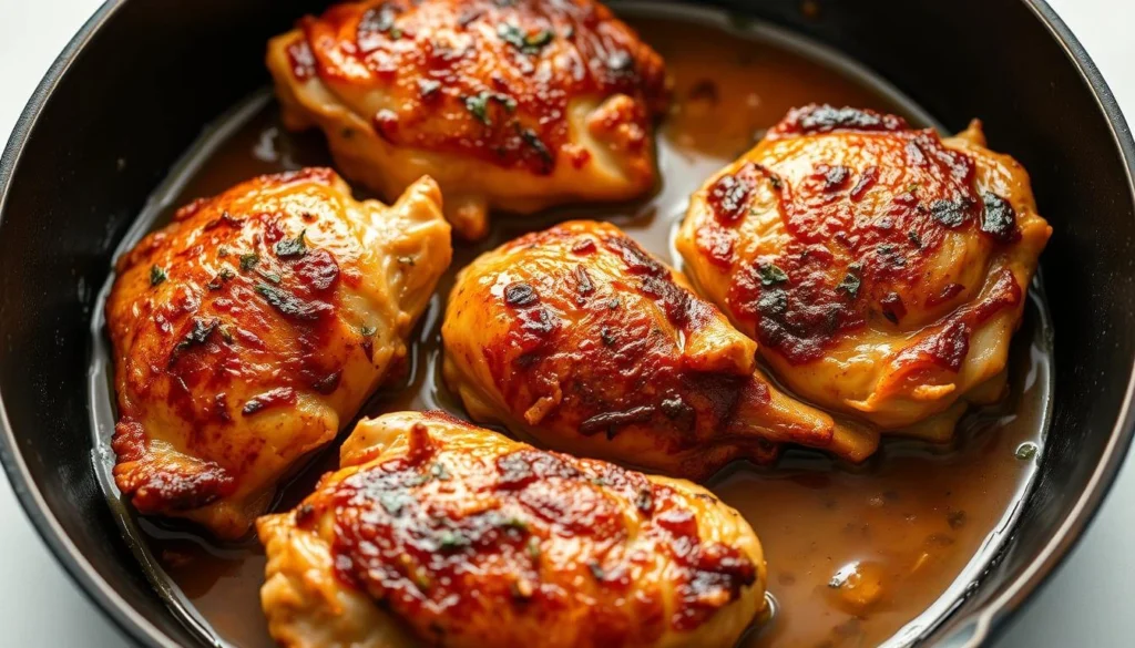 Golden-brown crispy boneless chicken thighs served on a white plate with herb garnish.