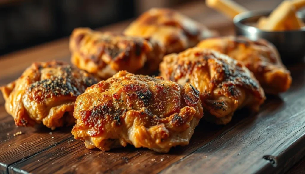 Chicken thighs sizzling in a cast iron skillet with oil, showing the crisping process.