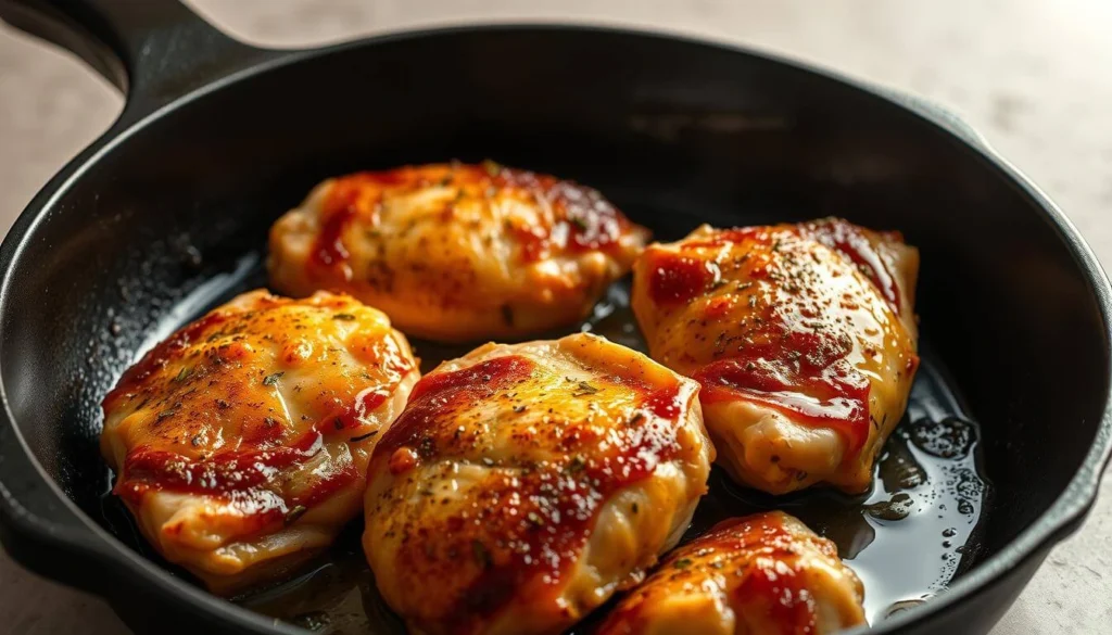 Golden-brown crispy boneless chicken thighs served on a white plate with herb garnish.