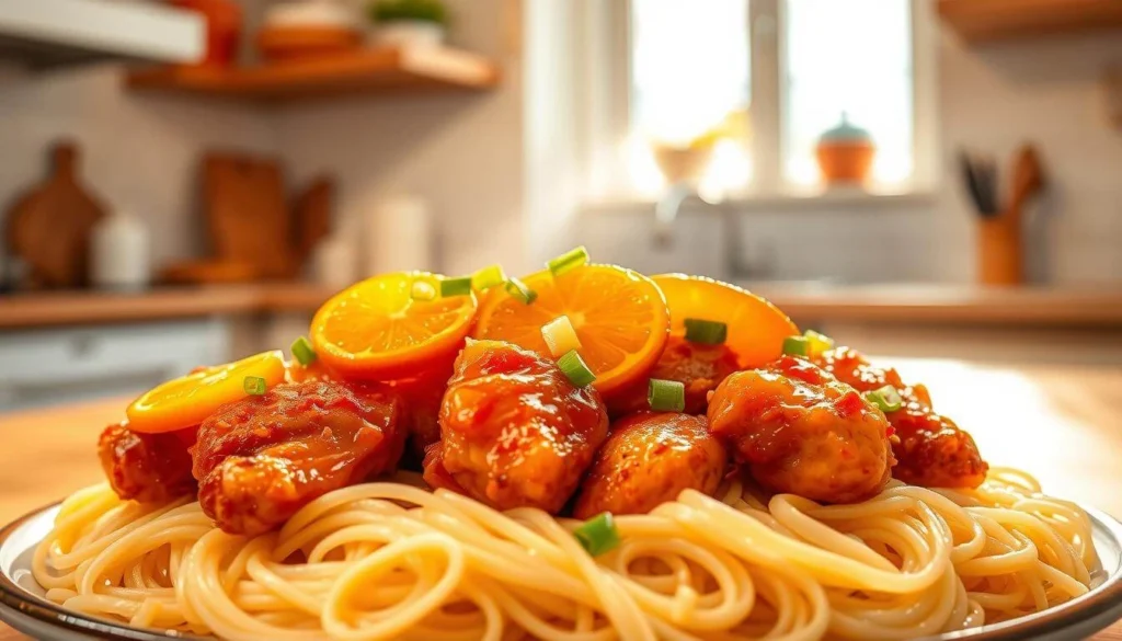 Crispy orange chicken in glossy sauce served over jasmine rice with sesame seeds and green onions.