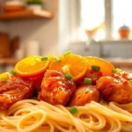 Crispy orange chicken in glossy sauce served over jasmine rice with sesame seeds and green onions.