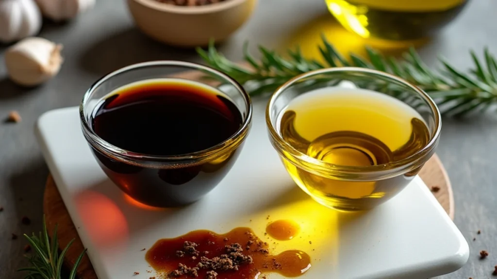 Balsamic and olive oil glazes in two small bowls with rosemary, garlic, and ingredients on a rustic surface.