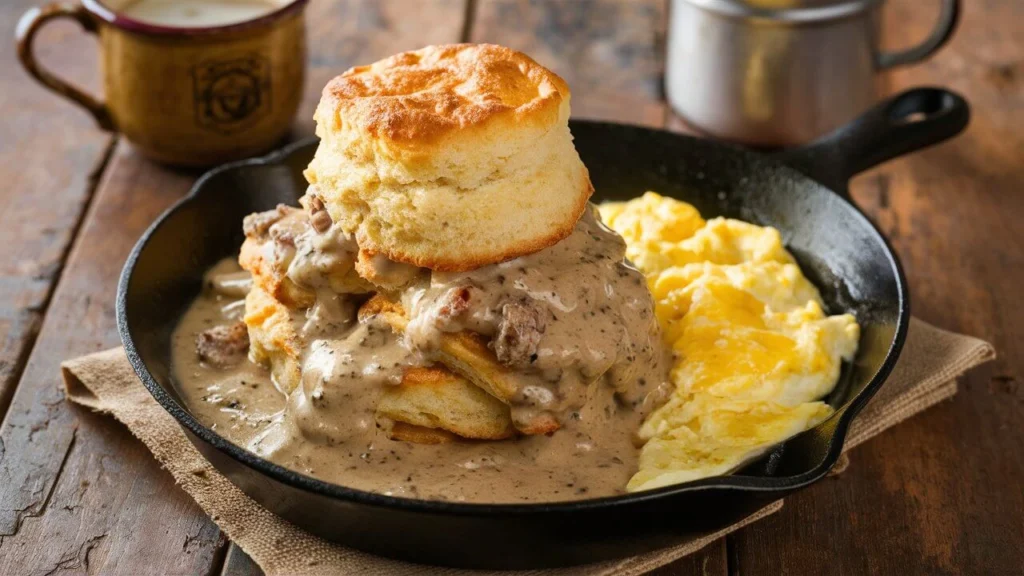 Freshly baked biscuits topped with creamy sausage gravy served on a rustic plate