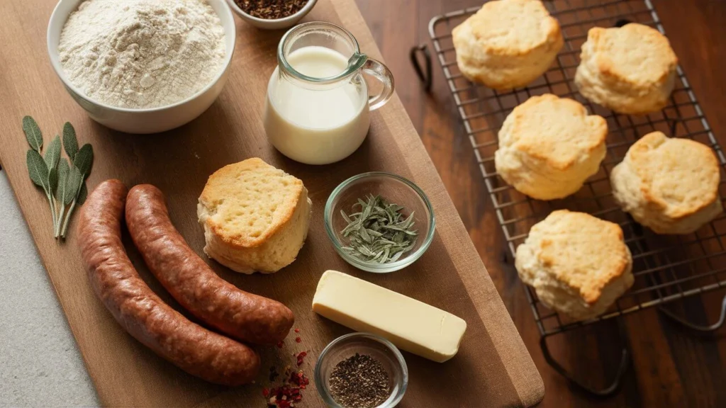 Ingredients for biscuits and sausage gravy including sausage, milk, flour, butter, and spices