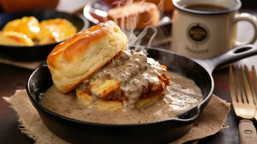 Southern-style biscuits topped with creamy sausage gravy served in a cast iron skillet