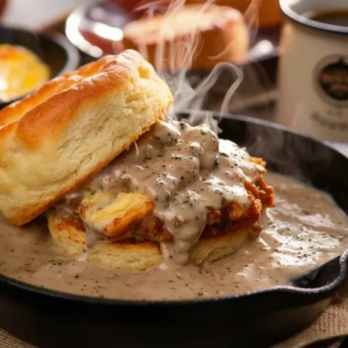 Southern-style biscuits topped with creamy sausage gravy served in a cast iron skillet
