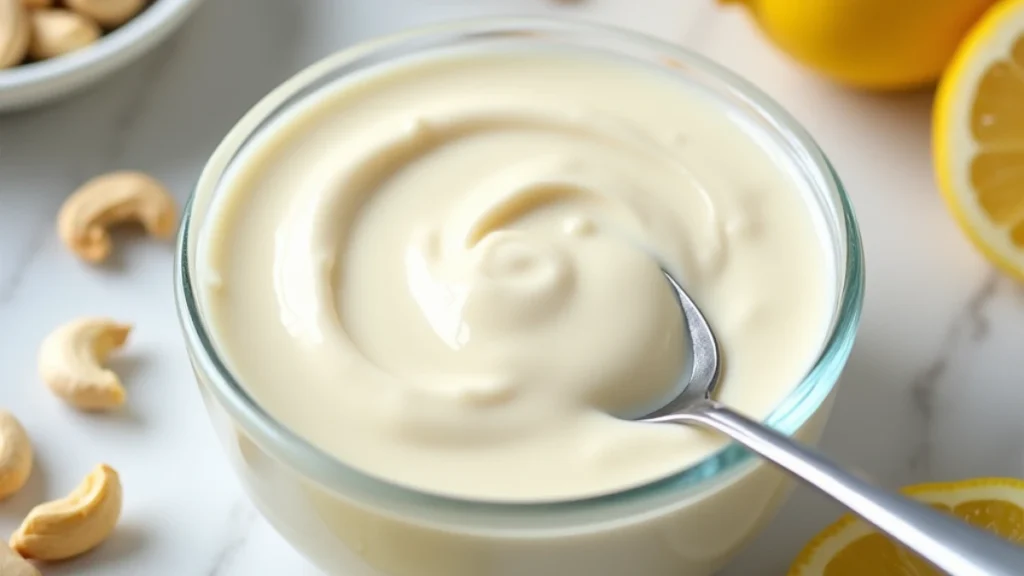 Smooth cashew cream with lemon in a white bowl surrounded by raw cashews, lemon slices, and garlic cloves.
