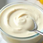 Smooth cashew cream with lemon in a white bowl surrounded by raw cashews, lemon slices, and garlic cloves.