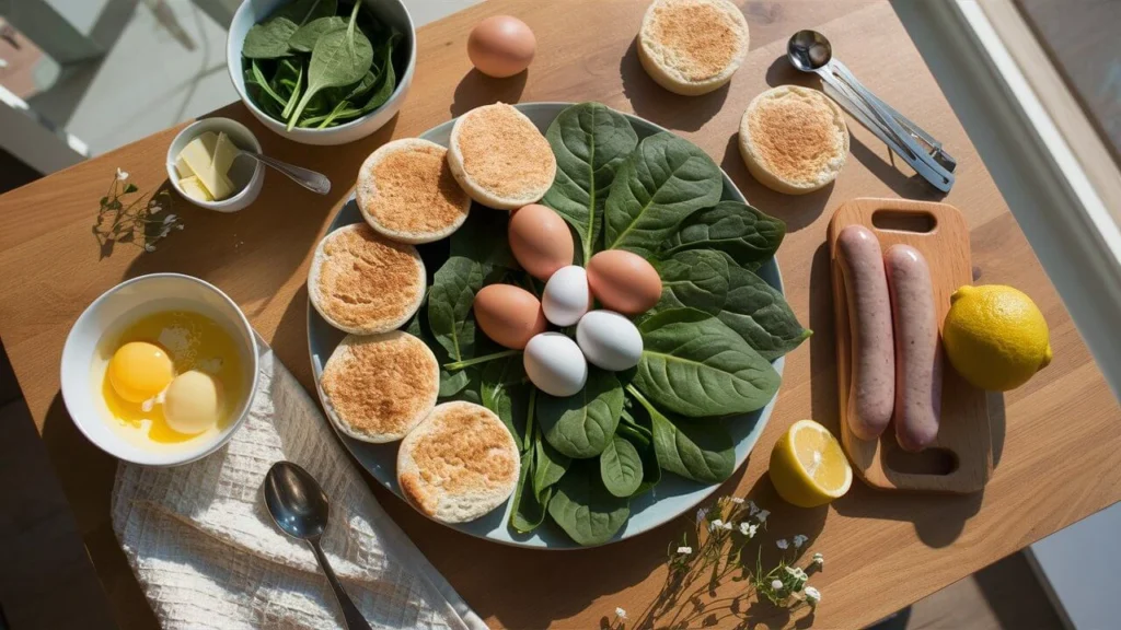 Fresh ingredients laid out for making classic eggs Florentine with sausage and spinach.