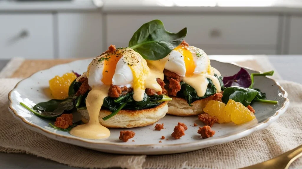 Classic eggs Florentine with sausage and spinach topped with poached eggs and hollandaise on toasted muffins.