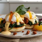 Classic eggs Florentine with sausage and spinach topped with poached eggs and hollandaise on toasted muffins.