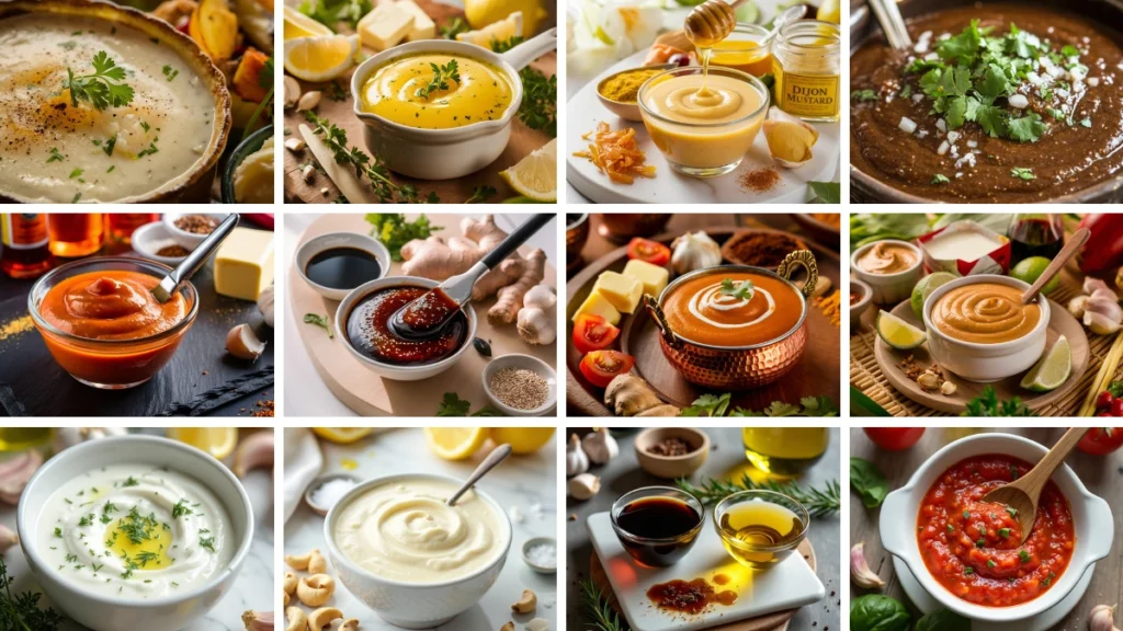 A variety of homemade chicken sauces in small bowls including creamy, spicy, and tangy styles arranged on a rustic table.