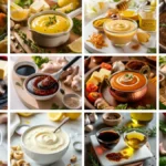 A variety of homemade chicken sauces in small bowls including creamy, spicy, and tangy styles arranged on a rustic table.