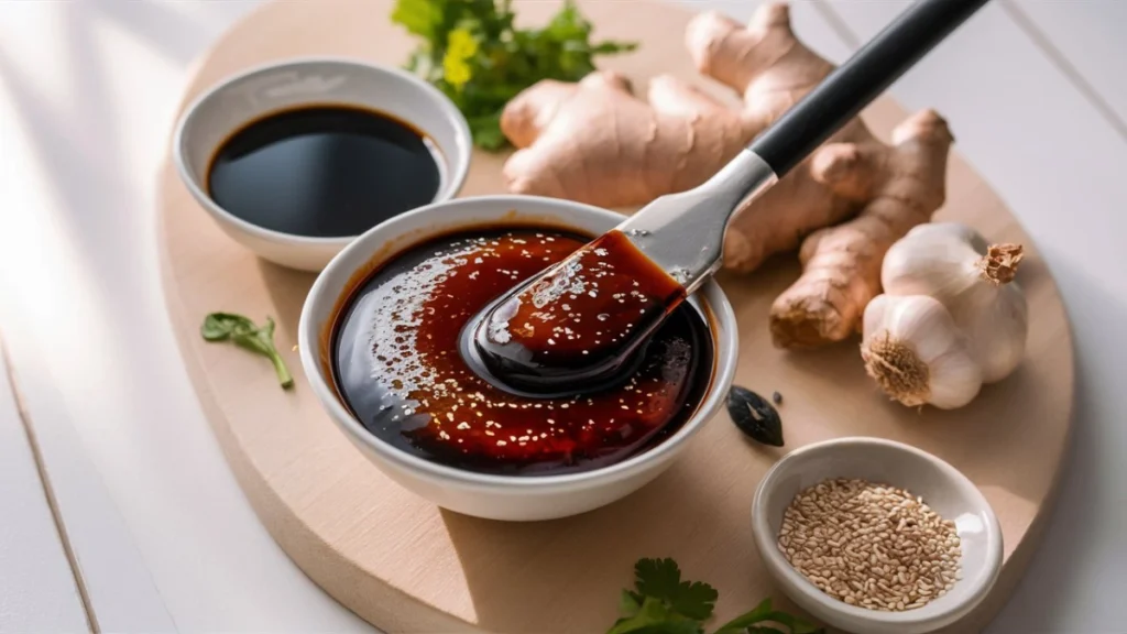 Thick and glossy easy teriyaki glaze in a bowl surrounded by soy sauce, garlic, ginger, and sesame seeds.