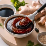 Thick and glossy easy teriyaki glaze in a bowl surrounded by soy sauce, garlic, ginger, and sesame seeds.