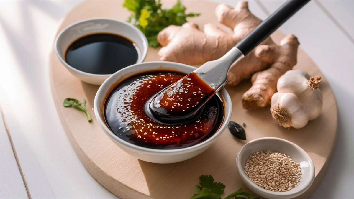 Thick and glossy easy teriyaki glaze in a bowl surrounded by soy sauce, garlic, ginger, and sesame seeds.