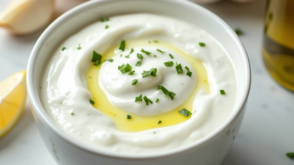 Thick Greek yogurt garlic sauce in a white bowl with lemon, garlic, and herbs on a light wooden surface.
