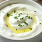 Thick Greek yogurt garlic sauce in a white bowl with lemon, garlic, and herbs on a light wooden surface.