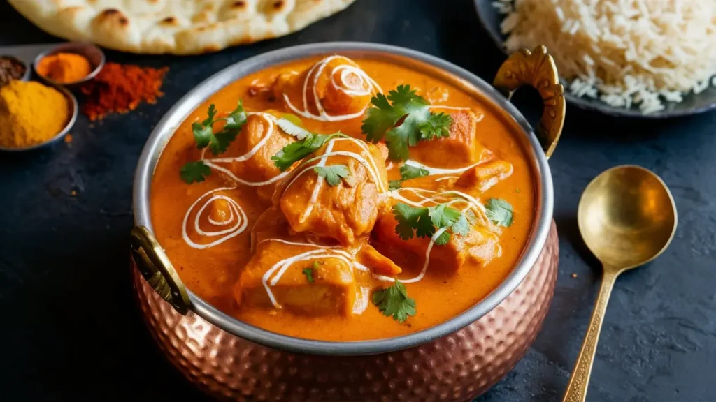Creamy Indian Butter Chicken in a copper bowl with naan and rice on the side