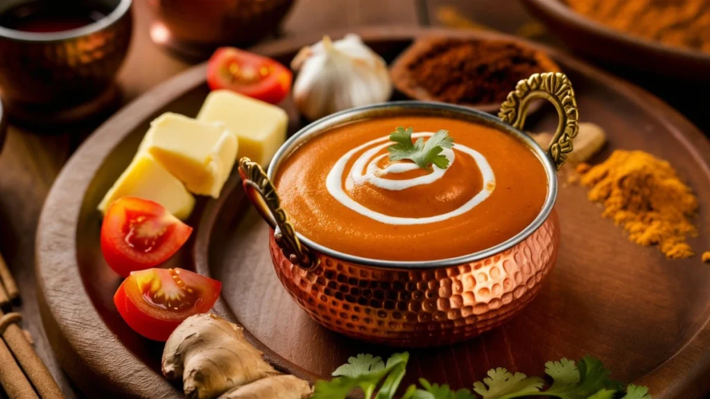 Creamy Indian butter sauce in a copper bowl with cream, tomatoes, and spices on a rustic wooden surface.