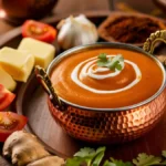 Creamy Indian butter sauce in a copper bowl with cream, tomatoes, and spices on a rustic wooden surface.