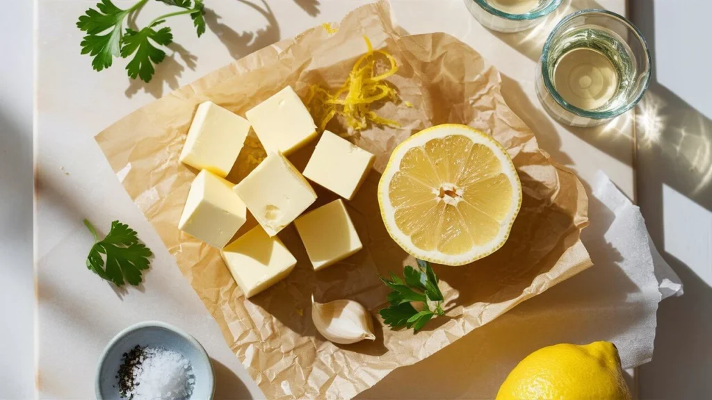 Fresh ingredients for lemon butter sauce recipe including butter, lemon, garlic, herbs, and spices on a kitchen counter