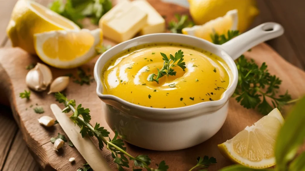 Glossy lemon butter sauce in a white bowl with fresh lemon slices, herbs, and butter on a rustic surface.