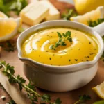 Glossy lemon butter sauce in a white bowl with fresh lemon slices, herbs, and butter on a rustic surface.