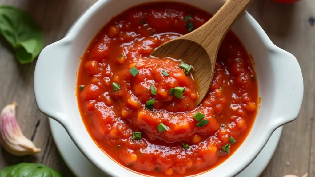 Bright red light tomato basil sauce in a ceramic bowl with fresh tomatoes, basil, and garlic on a rustic surface.