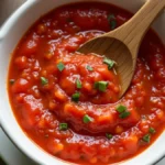 Bright red light tomato basil sauce in a ceramic bowl with fresh tomatoes, basil, and garlic on a rustic surface.