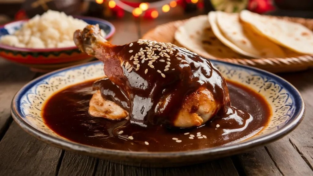 Authentic Mexican mole sauce served over chicken with rice and tortillas