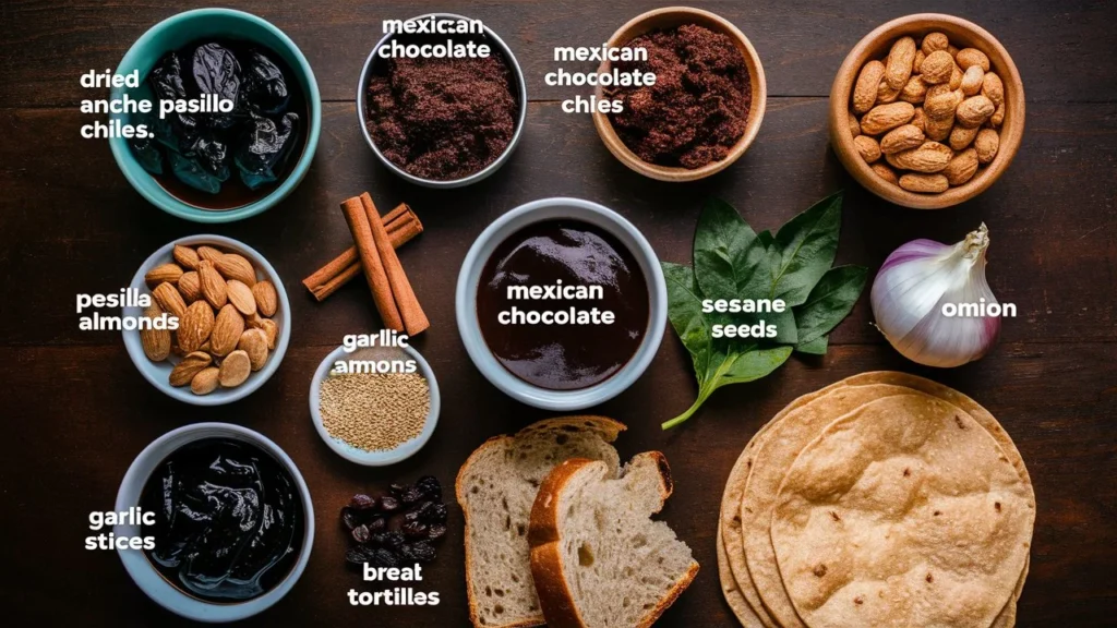 Flat lay of ingredients used in Mexican mole sauce recipe