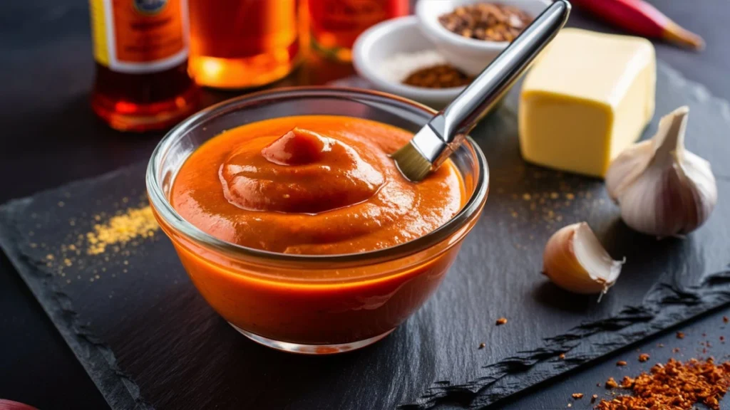 Glossy spicy buffalo sauce in a glass bowl with hot sauce, butter, and chili flakes on a dark rustic background.