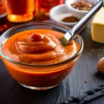 Glossy spicy buffalo sauce in a glass bowl with hot sauce, butter, and chili flakes on a dark rustic background.