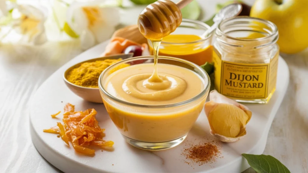 Golden sweet honey mustard sauce in a glass bowl surrounded by mustard, honey dipper, and fresh ingredients.
