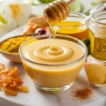 Golden sweet honey mustard sauce in a glass bowl surrounded by mustard, honey dipper, and fresh ingredients.